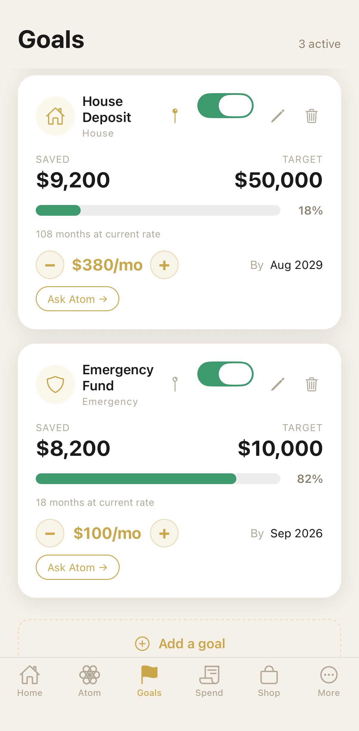 Au Goals screen