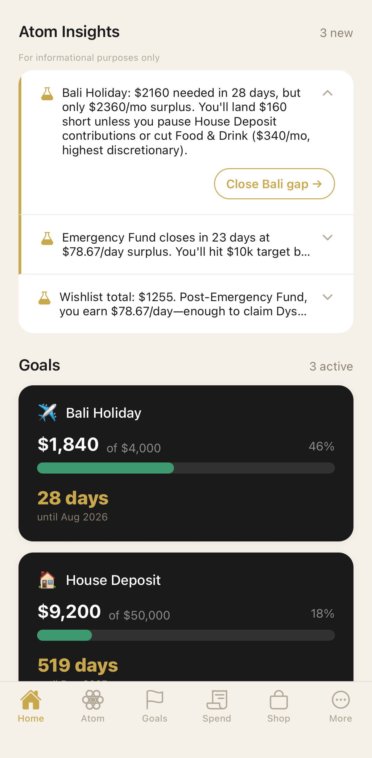 Au Atom Insights screen